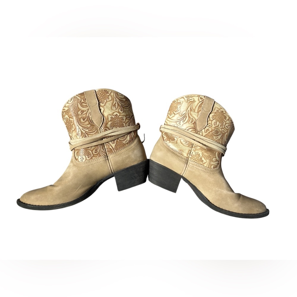 dingo Tan Floral Embossed Western Ankle Booties - Picture 11 of 14